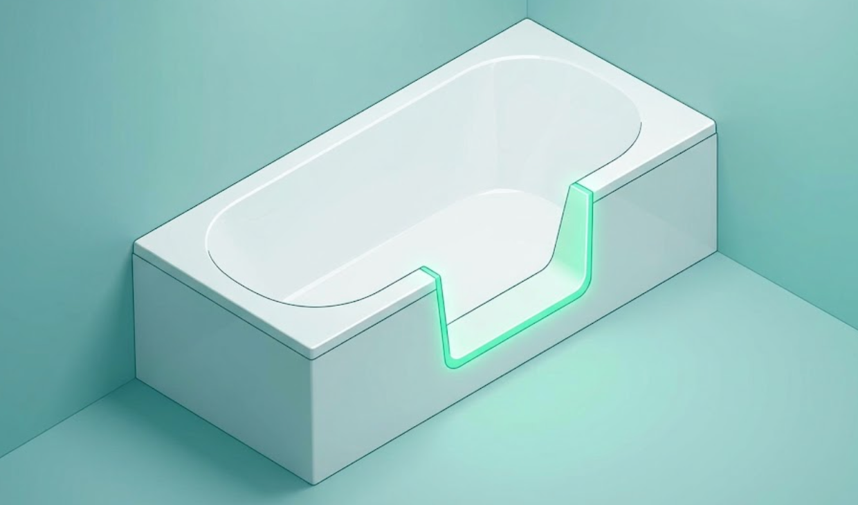 Isometric view of a bathtub adapted with a low-entry cutout