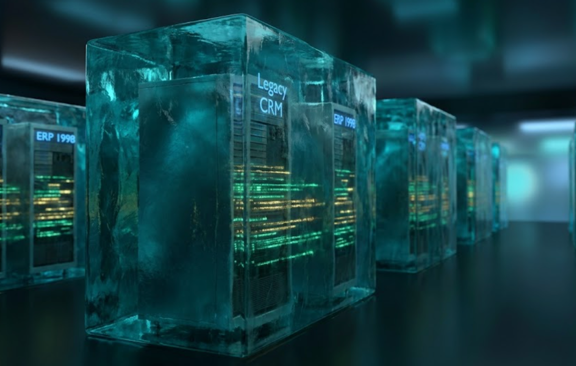 Valuable legacy CRM and ERP systems isolated inside translucent blocks